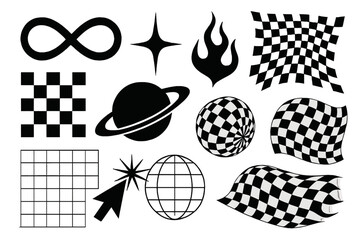 Poster - Collection of abstract icons featuring geometric patterns, celestial shapes, and dynamic designs for creative projects