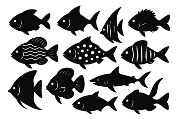 Poster - Varied collection of black fish icons suitable for use in design projects or educational materials