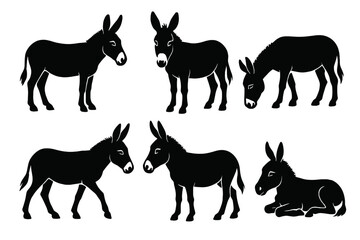 Poster - Various black silhouette icons of donkeys in different poses and actions for creative design use in presentations and projects
