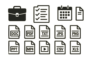 Aufkleber - icon set featuring various document types, tools, and scheduling elements for business and productiv