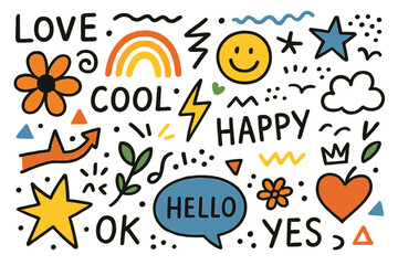 Poster - Unique icon set featuring cheerful and vibrant doodles representing positivity and fun