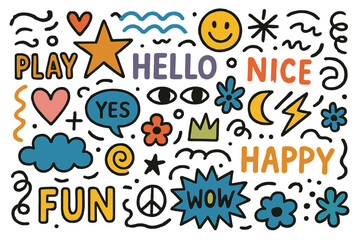Poster - Colorful icon set with playful designs and friendly phrases for creative projects and social media use