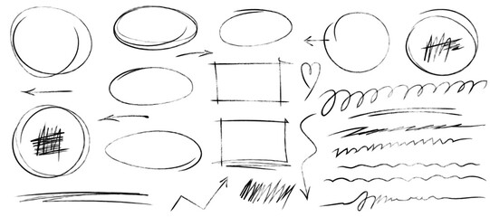Leinwandbilder - Set of sketchy shapes and underline elements Scrawls, highlights, hand drawn arrows, grunge lines, crayon scribbles, rough brush charcoal pen stroke, emphasis marks. Sketches of ellipse rectangle oval