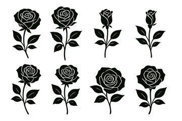Poster - Elegant black and white rose icon set featuring various styles and arrangements of floral designs
