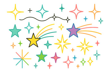 Poster - Colorful icon set featuring various star designs and sparkles for creative projects and digital applications