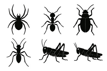 Poster - Collection of black silhouette icons representing various insects including spider, ant, beetle, and grasshopper in a minimalist style