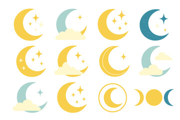 Poster - Icon set featuring various moon and cloud designs with different styles and colors for creative projects