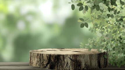 Rustic wooden display showcasing a tree stump podium on timber boards with a natural leafy green garden background