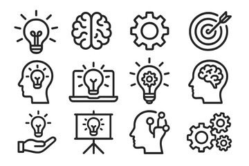 Poster - Icon set featuring light bulbs, brains, gears, and targets representing creativity, ideas, and innovation in a sleek design