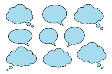 Poster - This icon set features various speech and thought bubbles in a light blue color on a white background, suitable for communication-related designs