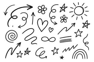 Poster - Icon set featuring various hand-drawn symbols including arrows, flowers, hearts, stars, and swirls for creative projects