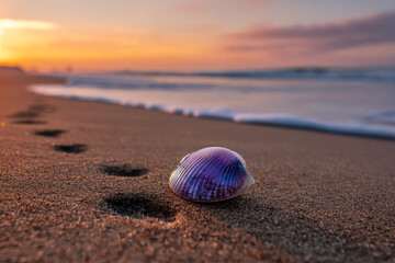 Aufkleber - Purple shell on sandy beach at sunset, footprints in sand, ocean waves in background, serene coastal scene