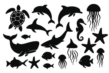 Poster - Icon set featuring marine creatures including a turtle, dolphins, jellyfish, seahorse, and more in black silhouette design