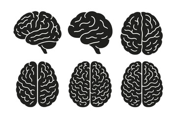 Poster - Collection of black and white brain icons representing different styles and perspectives for educational and creative use