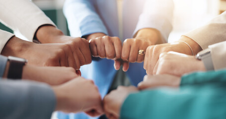 Poster - Hands, business people and fist bump in circle for teamwork, support and group cooperation. Huddle, collaboration and community of employees closeup for motivation, synergy and solidarity in office