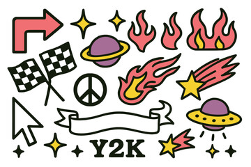 Poster - Icon set featuring vibrant Y2K elements including flames, planets, and peace symbols for creative projects