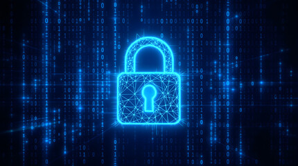 Poster - Secure Digital Fortress: Digital padlock emblem in a vibrant glow, floating amid a matrix of binary code, symbolizing cybersecurity, data protection, and online safety.