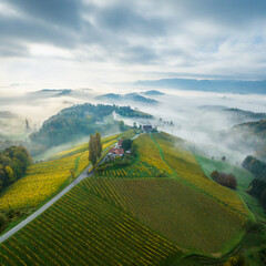 Wall Mural - aerial landscape with fluffy morning mists over the picturesque, autumn-covered rolling hills near m
