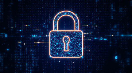 Poster - Cybersecurity Icon: A glowing padlock, the symbol of digital security, floats against a backdrop of binary code, signifying data protection and online safety.
