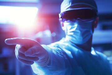 Poster - Innovative healthcare incorporates a doctor utilizing finger and VR technology, with a medical worker wearing a virtual reality headset to conduct medical work and science research online