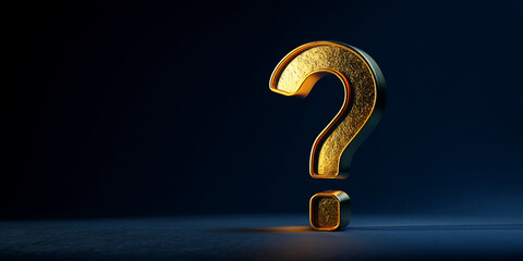 Poster - Golden question mark on dark background, illuminated from below,  representing inquiry, doubt, or the search for answers, suitable for websites, presentations, or design projects