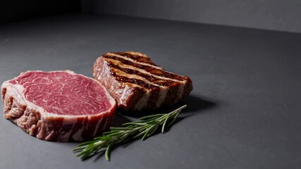 Poster - Two cuts of meat, one raw and one grilled, are placed on a gray background alongside a sprig of rosemary, creating a visually appealing culinary scene