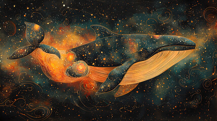 Wall Mural - a whale is flying through the sky with stars and planets in the background