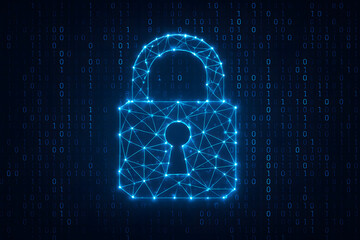 Poster - Cybersecurity Lock: Abstract glowing blue padlock icon with a keyhole, formed from interconnected nodes and lines, set against a backdrop of binary code.