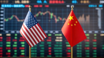 Poster - Global trade and tariff impacts. Two flags, USA and China, in front of a stock market display, symbolizing economic relations.
