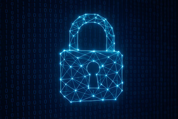 Poster - Cyber Security: A stylized digital padlock, composed of interconnected points and lines, glows against a backdrop of binary code, representing the digital realm's commitment to safeguarding data.