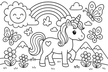  Cute Unicorn in Magical Landscape Coloring Page