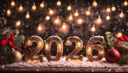 Poster - glittering 2026 new year celebration with snow, christmas ornaments, and fairy lights, perfect for holiday themed web design, branding, and print media