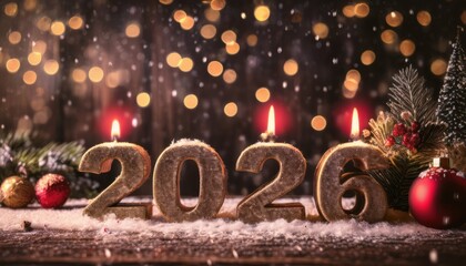 Poster - glittering 2026 new year celebration with snow, christmas ornaments, and fairy lights, perfect for holiday themed web design, branding, and print media