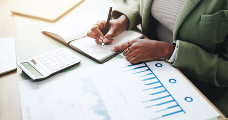 Aufkleber - Hands, business person and writing with documents, graphs for profit growth and sales analytics. Closeup, woman or financial advisor with calculator, paperwork and notes for charts or company revenue