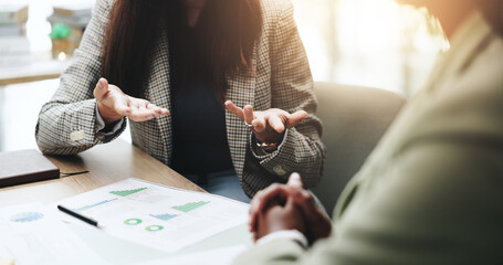 Poster - Hands, business people and discussion with feedback, graphs and profit growth or sales analytics. Closeup, teamwork and financial advisor with proposal, advice or ideas for charts or company revenue