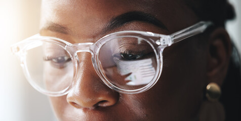 Poster - Eyes, reflection and black woman with glasses, reading and research for data analysis, sales and company. Business, eyecare and tablet with graphs on web, scroll and person with prescription eyewear