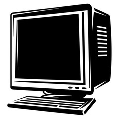 Poster - Retro CRT monitor with keyboard in black and white illustration style