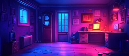 Poster - Nighttime study, room lit in pink & blue
