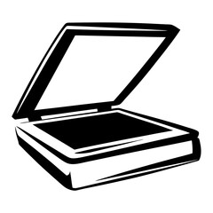 Poster - A black and white graphic of a modern office scanner with the lid open