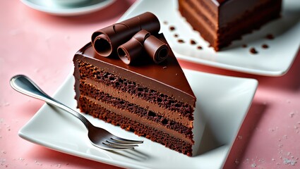 Poster - A slice of chocolate cake on a white plate, topped with chocolate shavings and a chocolate curl.