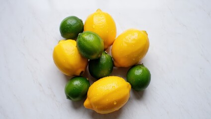 Poster - A bunch of yellow lemons and green limes on a white surface.