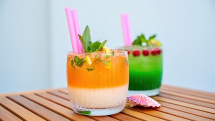 Aufkleber - Two glasses filled with colorful drinks, each containing ice cream and garnished with mint leaves and strawberries on a wooden table.