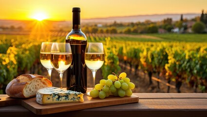 Poster - Wine bottle, glasses, bread, cheese, grapes on wooden tray at sunset in vineyard setting.