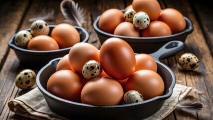 Poster - Three cast iron skillets filled with brown eggs speckled with darker brown spots.