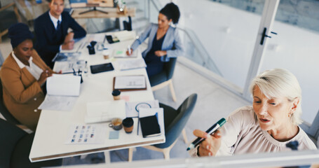Poster - Business people, training and woman in office, whiteboard and feedback for company growth. Employees, group and leader in workplace, project ideas and meeting for stats, planning and review proposal
