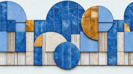 Poster - Abstract composition of blue geometric tiles on seamless white background