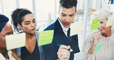 Aufkleber - Glass wall, teamwork and writing with business people in office for planning or strategy. Brainstorming, collaboration and sticky notes with employee group in workplace for discussion or management