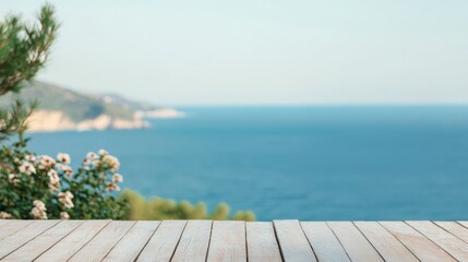 Poster - Wooden terrace table overlooking tranquil ocean view in summer