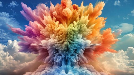 Poster - Abstract particle cloud bursting with rainbow colors, high energy composition