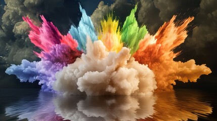 Poster - Abstract particle cloud bursting with rainbow colors, high energy composition